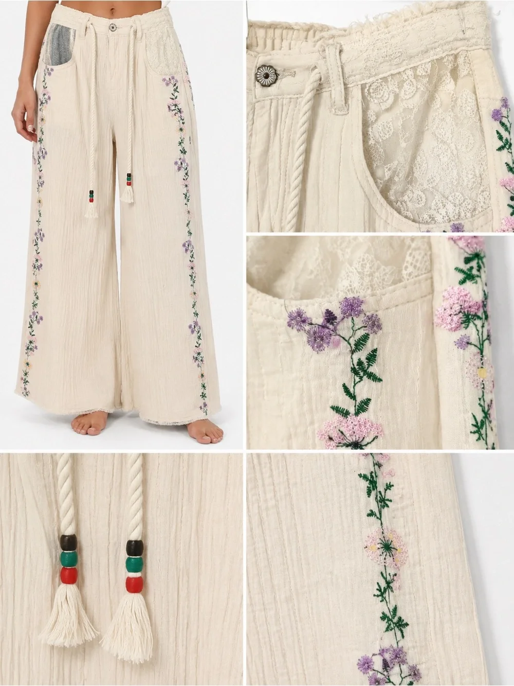 POL Cream Wide-Leg Pants with Side Floral Embroidery